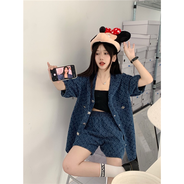 Set Áo Sơ Mi Denim Ngắn Tay + Quần Short Jeans Lưng Cao Ống Rộng Thời Trang Cho Nữ