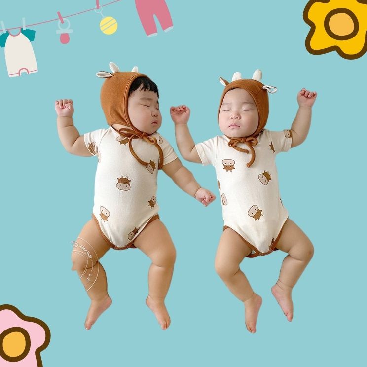 Combo 2 bộ body suit tay cộc hình trâu và hổ ngộ nghĩnh cho bé chất 100% cotton size 3-12kg TE20