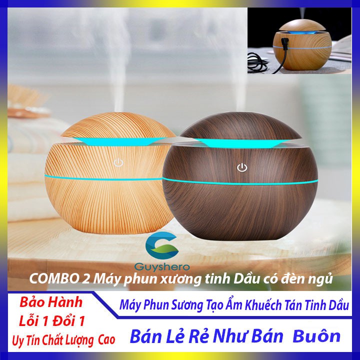 [ COMBO 2 MÁY ] Máy Phun Sương Tạo Độ Ẩm, Khuếch Tán Tinh Dầu Vân Gỗ Cổ Cao Tặng Kèm Tinh Dầu Xông Phòng Thiên Nhiên