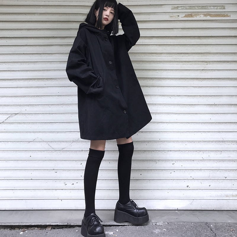Áo khoác nữ màu đen tay dài có nón có cúc áo kiểu dài ulzzang