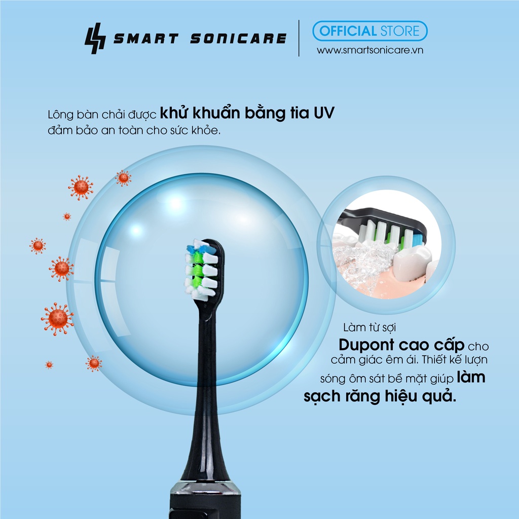 Bàn chải đánh răng điện Việt Nam Smart Sonicare SS-01- ĐEN NHÁM - Công Nghệ Sóng Âm, Chải Sạch Mảng Bám gấp 10 lần