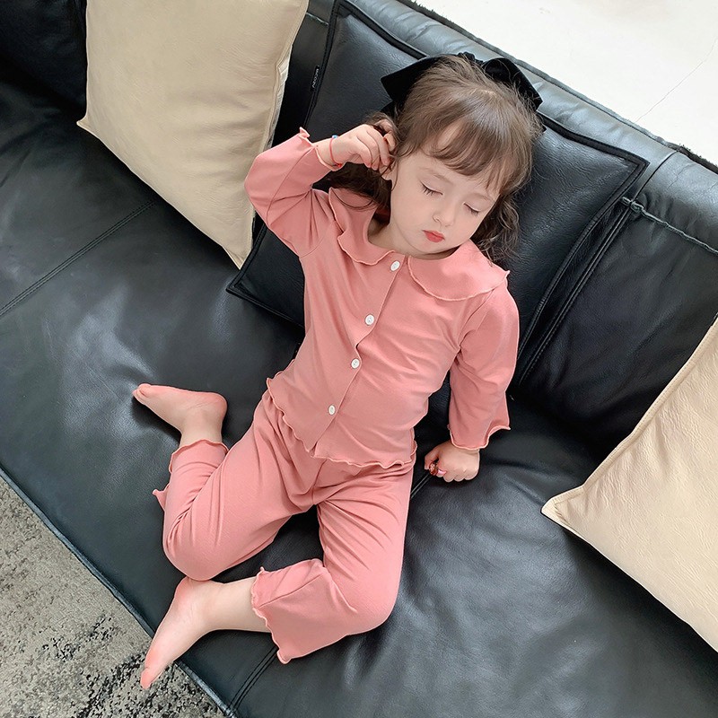 Bộ đồ ngủ dài tay bằng cotton màu hồng thời trang cho trẻ em gái 2-6 tuổi