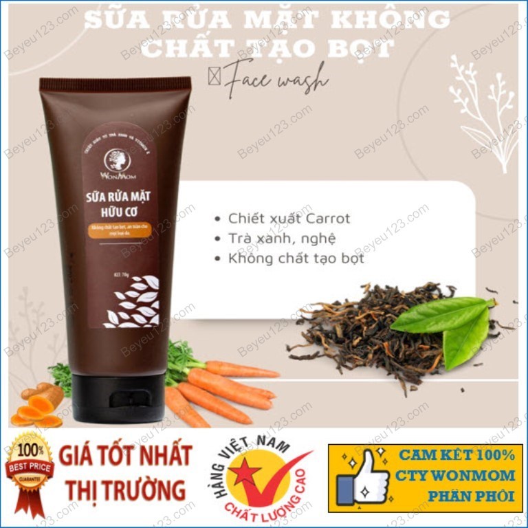 Bộ chăm sóc da mặt hữu cơ Wonmom - Dưỡng trắng, mụn, thâm nám (Sữa rửa mặt, Kem nghệ, Serum vitamin C) WM