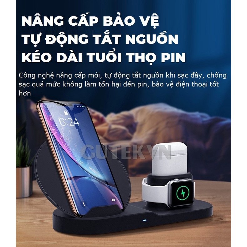 Đế sạc không dây 3 trong 1 sạc nhanh 10w cho IP smart watch tai nghe bluetooth aripods - Gutek BXD-08A