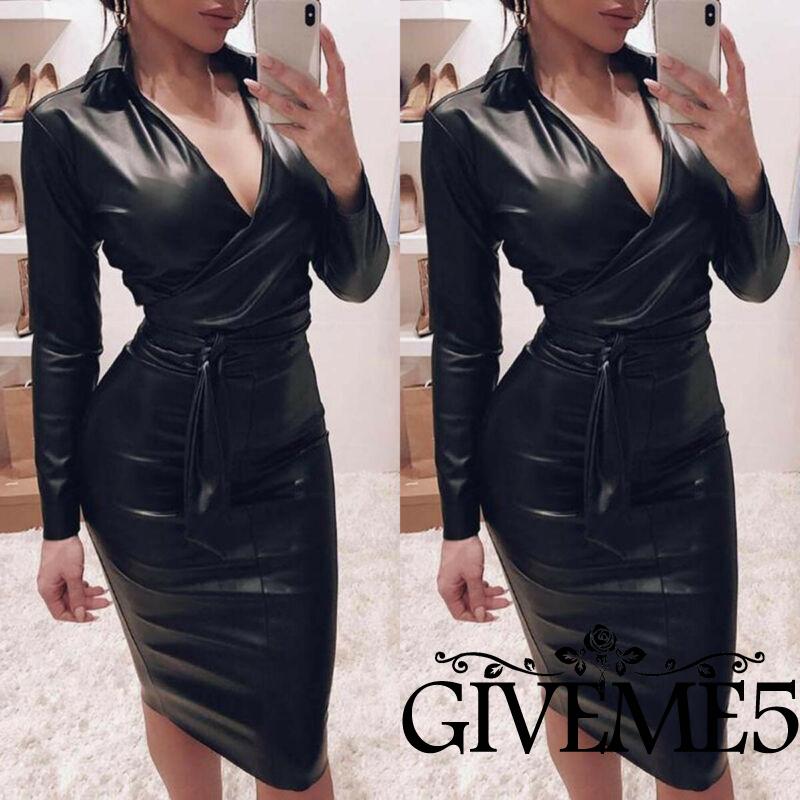 Đầm Da Pu Cổ V Dài Tay Quyến Rũ Cho Nữ