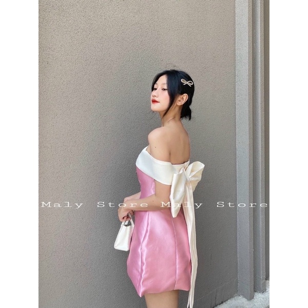Đầm xoè nơ lưng trễ vai đen hồng xanh trắng