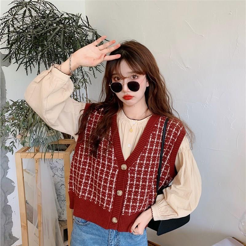 One set Áo Sơ Mi Tay Dài + Áo Len Không Tay Phong Cách Hàn Quốc Cho Nữ