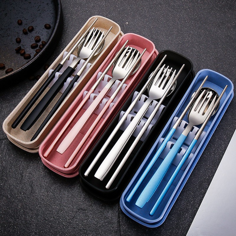Bộ Đũa, Thìa, Dĩa inox 304 Cao Cấp Thuận Tiện Dùng Trong Bữa Cơm Văn Phòng - Tặng Kèm Hộp Và Túi Đựng