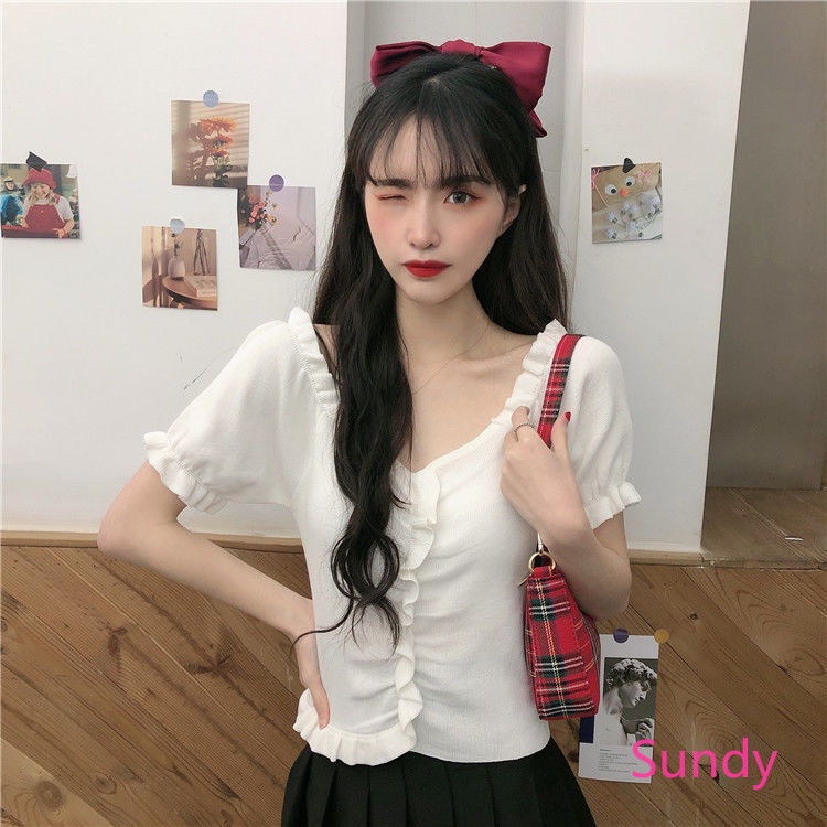 Áo Dệt Kim Cổ Chữ V Xếp Ly Màu Sắc Đơn Giản Phong Cách Hàn Quốc Cho Nữ