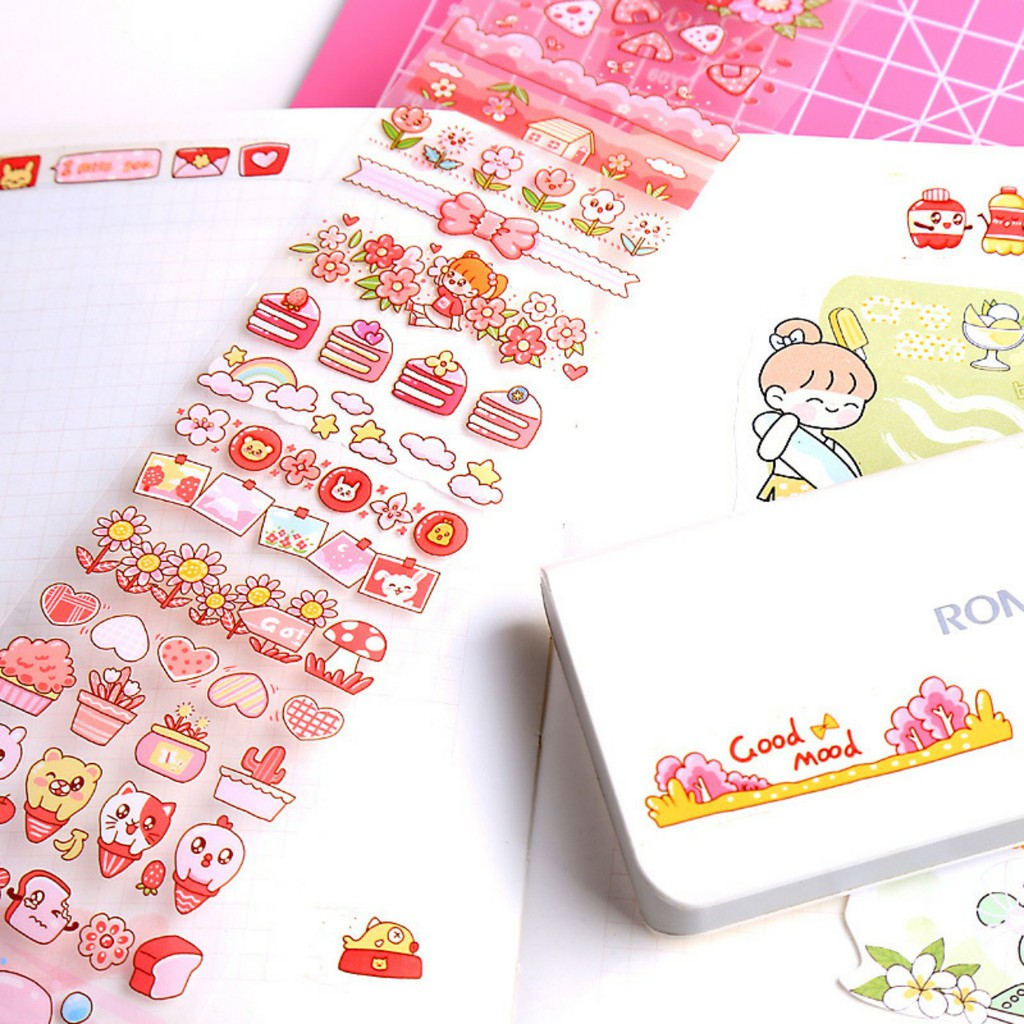 miếng dán washi sticker in họa tiết đáng yêu trang trí sổ vở chữ nhật dài