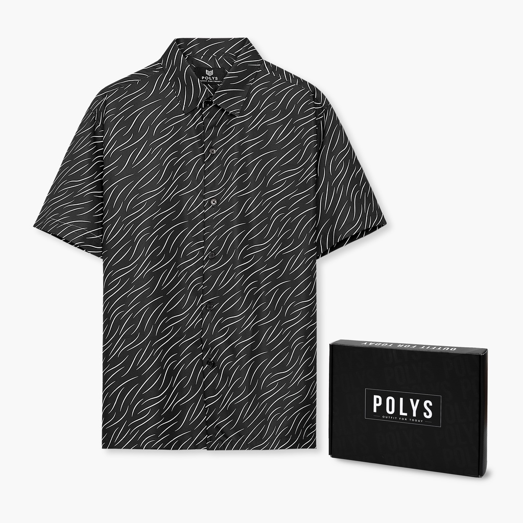 Áo sơ mi nam POLYS Fullbox chính hãng, Lụa Vân Chéo thoáng mát, mềm mịn, không nhăn. Áo sơ mi tay ngắn họa tiết CURVES