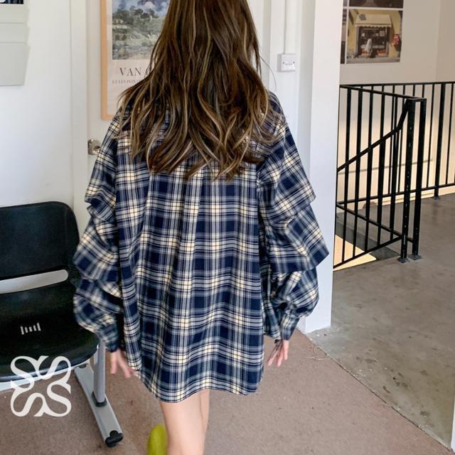 White Deer / Lin Yun / Zhao Lusi Áo Khoác Sơ Mi Tay Dài Kẻ Sọc In Hoa Phong Cách Somesow Cho Nữ