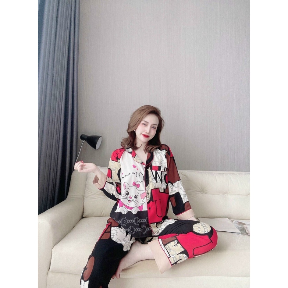 Bộ ngủ lụa dài tay, đồ ngủ nữ dài tay, hoạ tiết dễ thương ,lụa mago mềm mịn, mặc mát, không nhăn, freesize