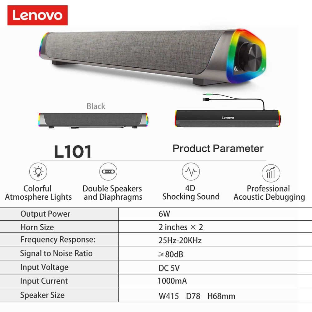 Lenovo L101 Loa máy tính, Loa âm thanh có dây, Kết nối USB và hỗ trợ Aux Loa Soundbar mini để bàn cho PC, ĐTDĐ, Máy tính bảng, Máy tính xách tay