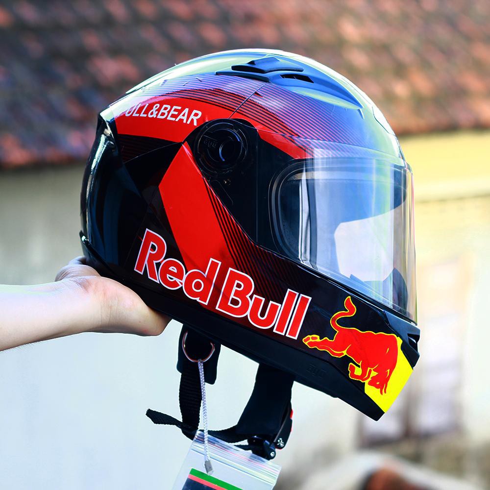 Nón bảo hiểm Fullface Agu đen bóng lên tem Red Bull