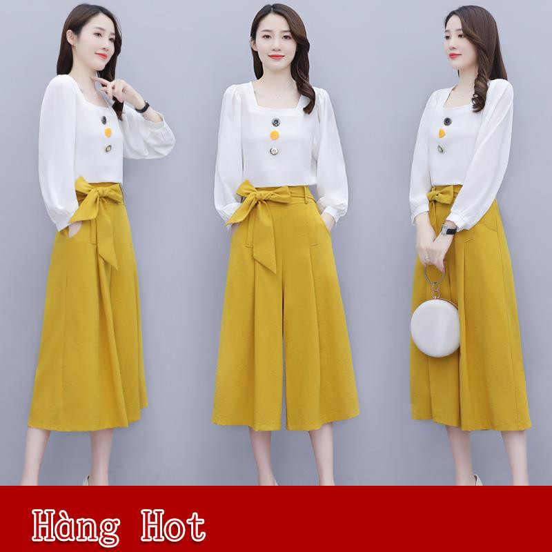 Set Áo Ngắn Tay Cổ Tròn + Quần Dài Ống Rộng Thời Trang Nữ