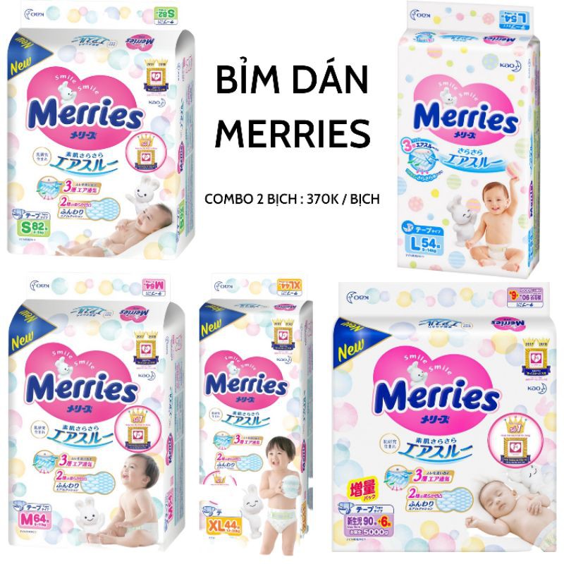 Bỉm dán Merries SS90, S82, L54, M64, XL44