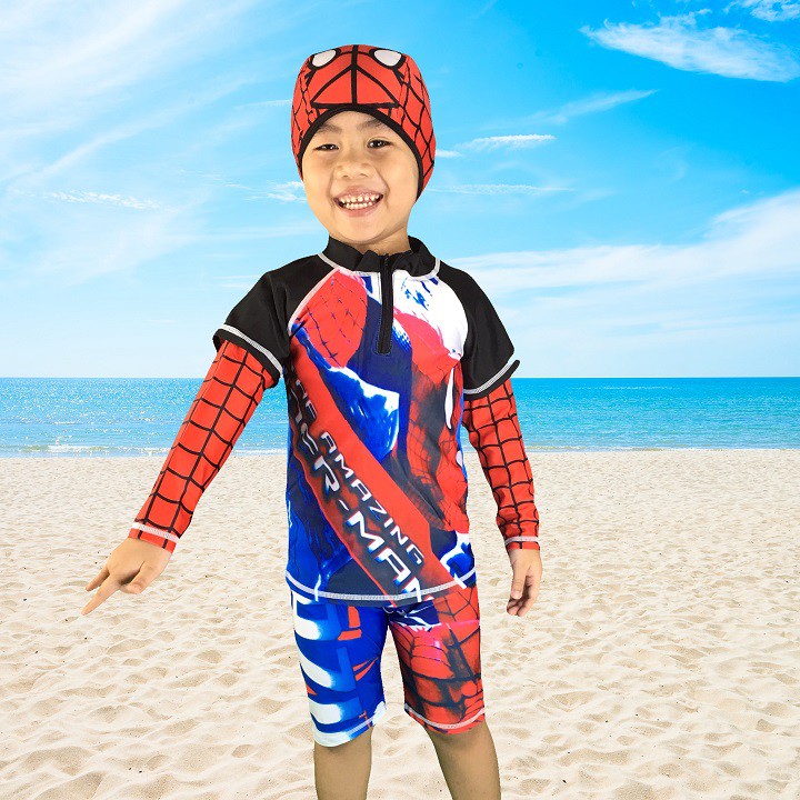 Bộ đồ bơi dài tay Siêu nhân người nhện kèm nón bơi - Đồ bơi bé trai DBBT28