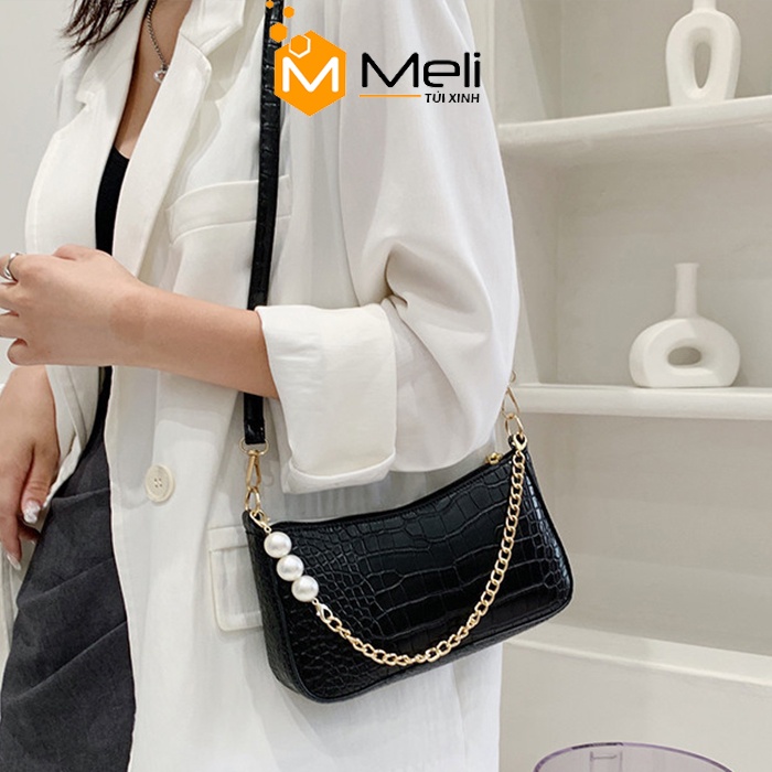 Túi xách nữ đeo chéo kẹp nách dây đeo tùy chỉnh kết hợp chuỗi ngọc siêu sang mang phong cách hàn quốc - Meli shop