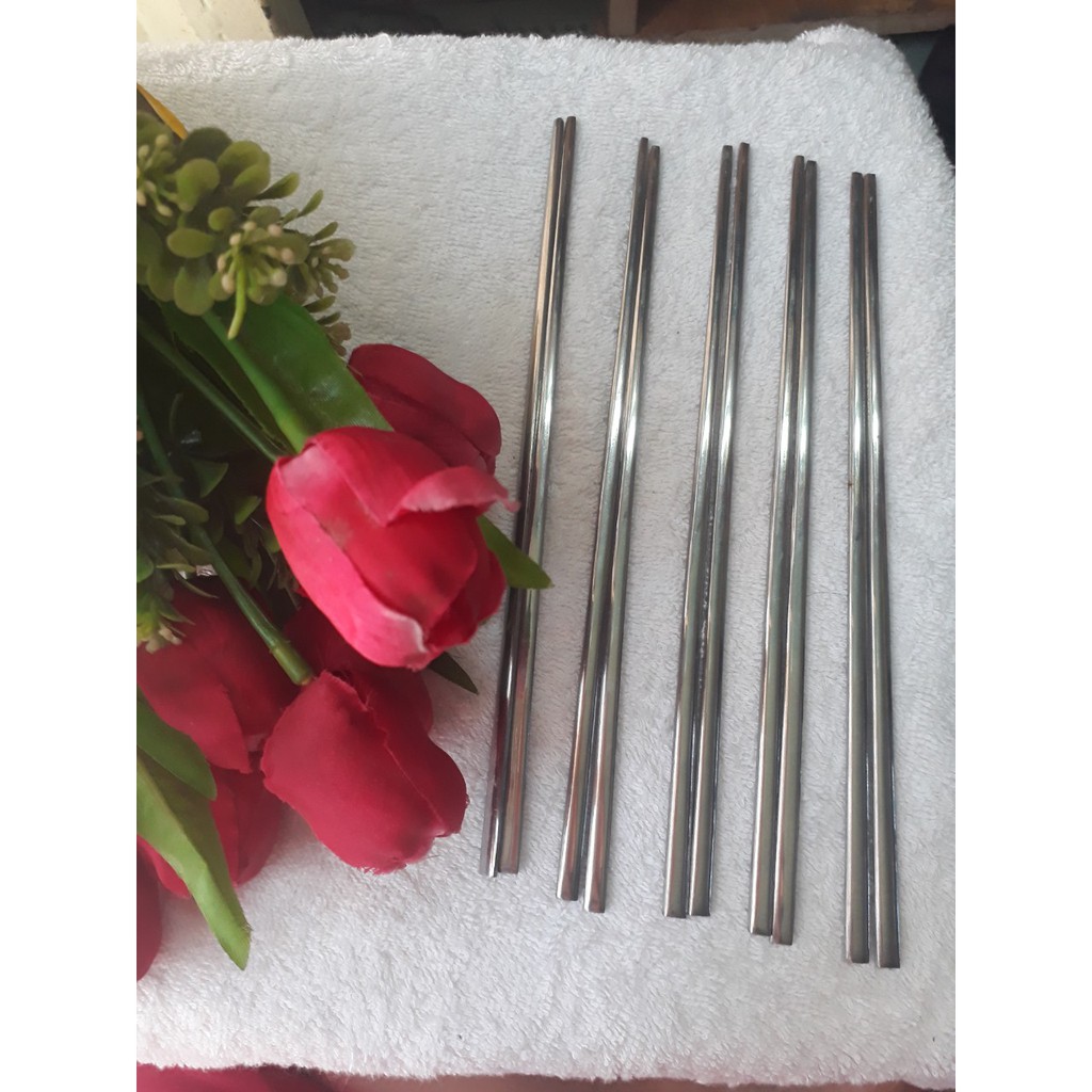 Bộ 10 đôi đũa Inox đầu dẹp đặt ruột không hoa văn kiểu Hàn Quốc Size 23cm