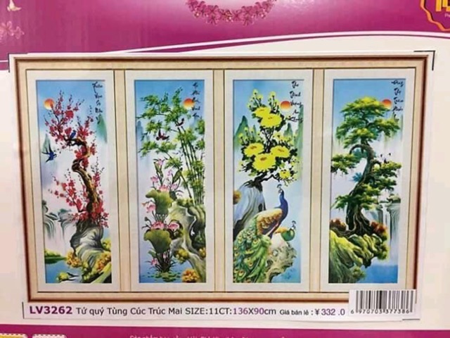 Tranh gắn đá tứ quý tùng cúc trúc mai  136x90 cm lv430