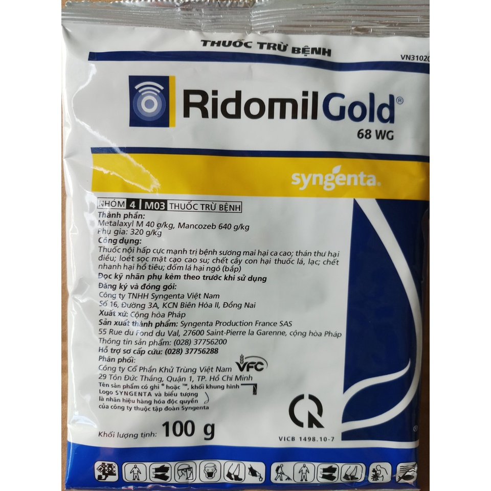 Thuốc Ridomil GOLD 68WP trừ bệnh nấm thán thư rỉ sắt đốm lá cây trồng 100gr