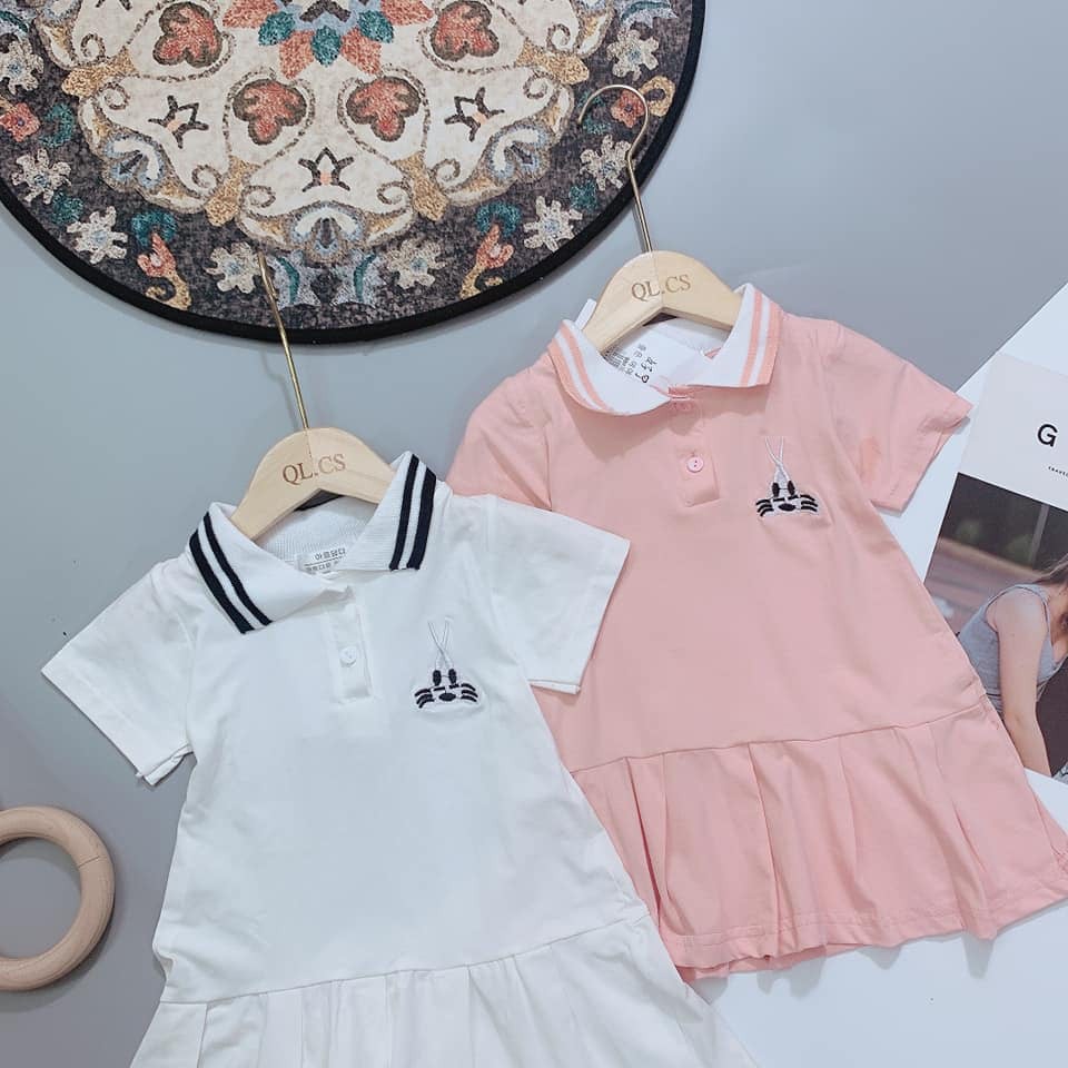 Váy đầm bé gái polo cổ bẻ thêu thỏ dáng đuôi cá chất cotton 4 chiều thấm hút co giãn mềm đẹp