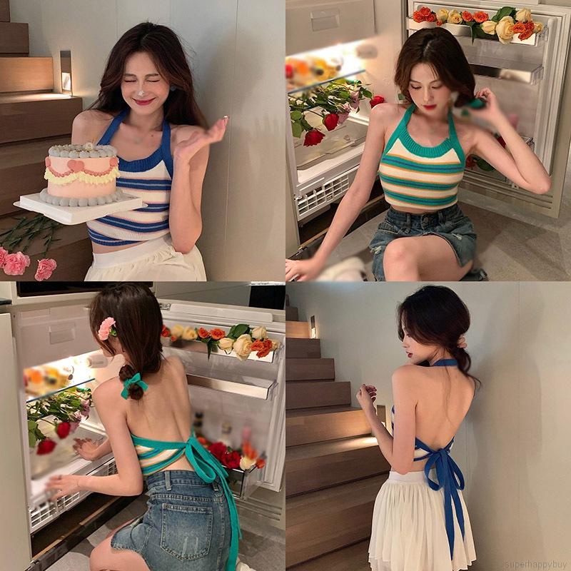 Áo Tank Top Dệt Kim Hở Lưng Họa Tiết Kẻ Sọc Thời Trang Quyến Rũ Cho Nữ