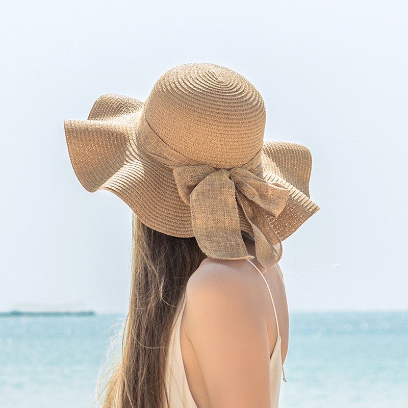 Mũ cói đi biển nữ vành rộng chống nắng, nón cói nơ xinh thời trang Hàn Quốc rẻ đẹp_MC6