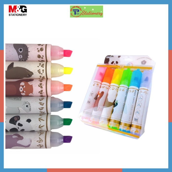 Bộ 6 bút Highlight MG dạ quang nhớ dòng màu pastel họa tiết thỏ, chó Snoopy, mèo, gấu panda hỏa tiễn siêu cute