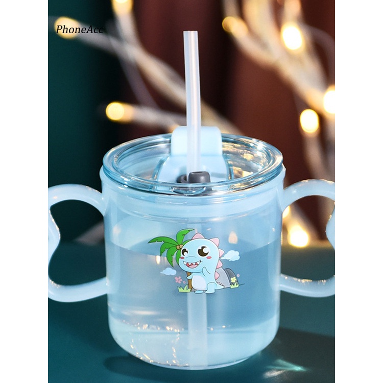 Cốc nước mini 2 màu tùy chọn kèm ống hút in họa tiết đáng yêu cho học sinh