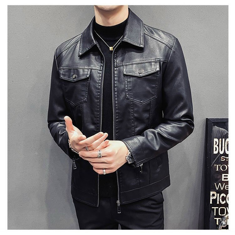 Áo khoác da nam lót lông màu đen có túi hộp thời trang cao cấp