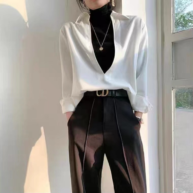 Áo Sơmi DàI Tay ThờI Trang Cho Nữ áo sơ mi kiểu mix cùng áo len cổ V khoét sau dáng