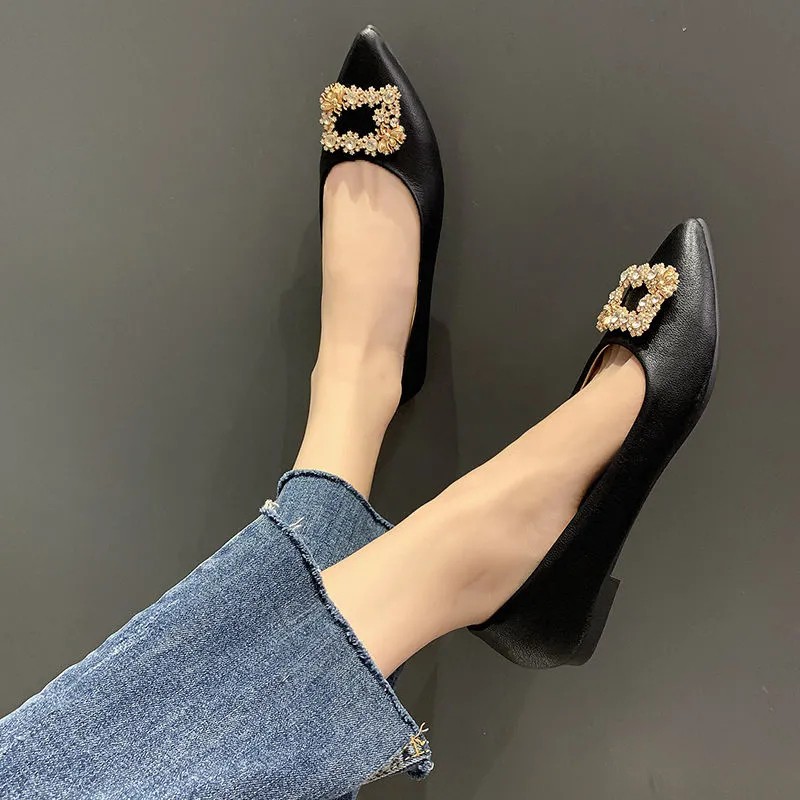 SWEETC Giày bệt nữ thời trang da mềm đế mềm mũi nhọn miệng nông cô dâu phù dâu giày cưới giày bệt