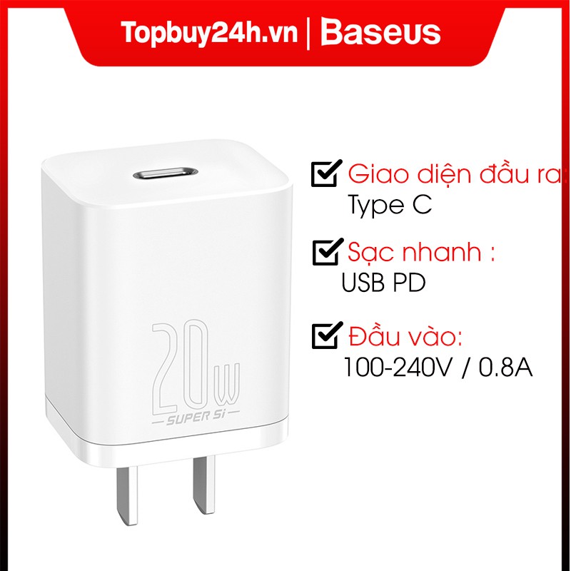 Củ Sạc Baseus 20W PD Super Si Type C Hỗ Trợ Sạc Nhanh QC3.0 Kích Thước Nhỏ Gọn Cho Android / iPhone 12 Pro Max