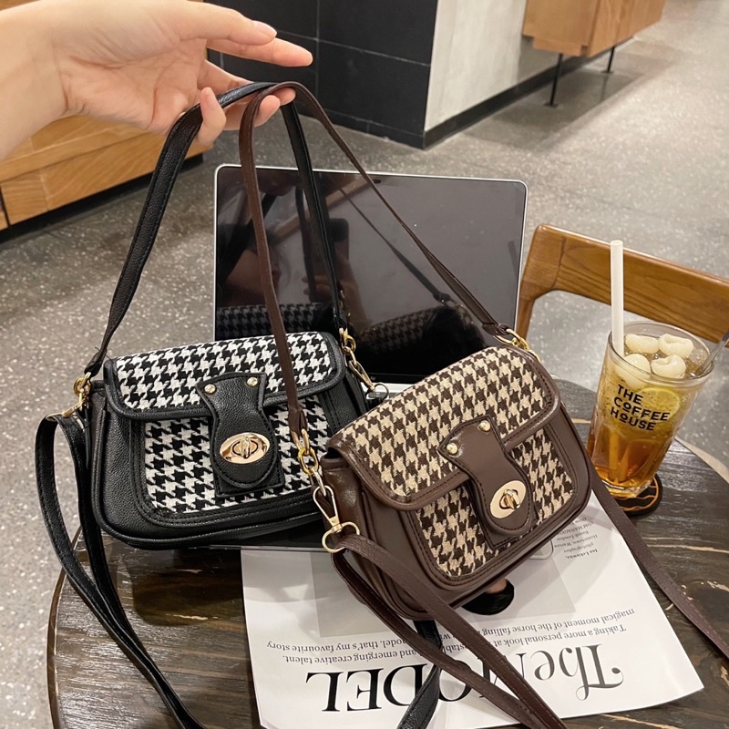 Túi xách nữ đeo chéo, Túi đeo vai da mix vải dạ tweed đẹp đi chơi phong cách thời trang hàn quốc giá rẻ dễ thương M77