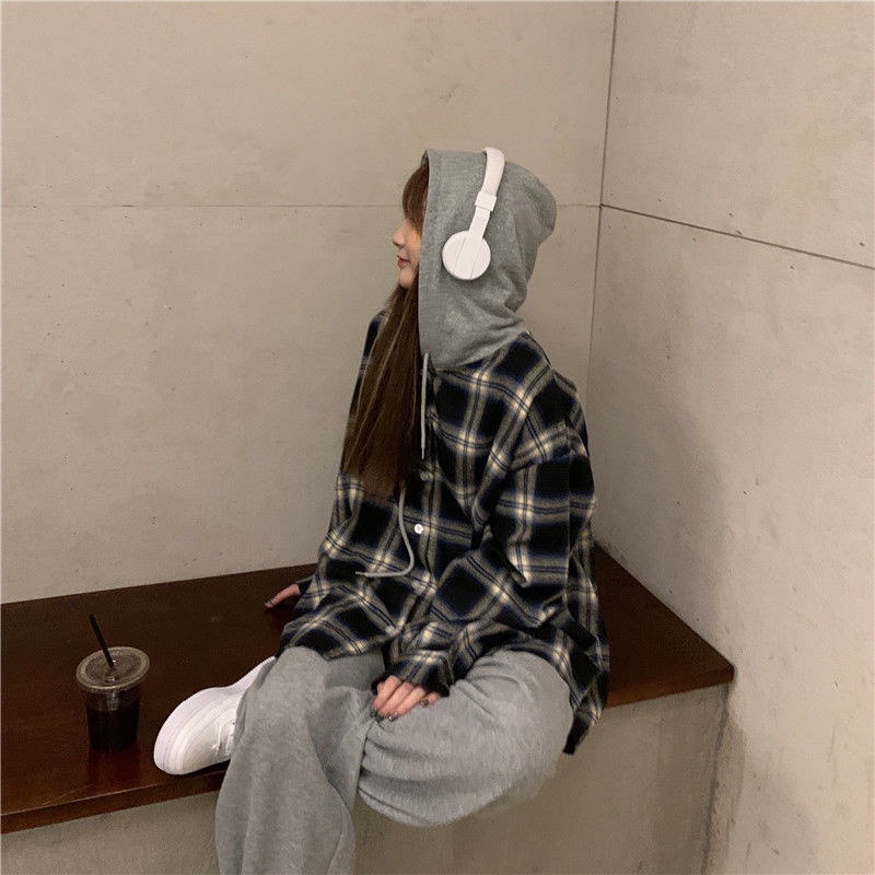 Áo Sơ Mi Kẻ Caro DÁNG HOODIE Có Mũ Nam Nữ Dài Tay Unisex Chống Nắng Phong Cách Hàn Quốc