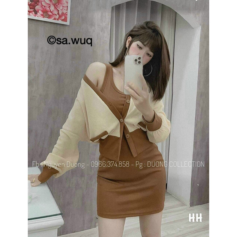 [ Miễn phí ship 2022 ] Đầm thun kèm khoác gân ,  đầm ôm body áo cadigan ngoài phối màu phong cách hàn quốc trẻ trung