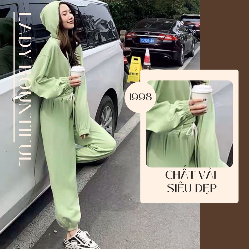🌸Freeship🌸 Bộ Nỉ Thể Thao Dài Tay Quần Jogger Xanh 🦋 Set Áo Croptop Khóa Kéo Kèm Mũ Quần Dài 🦋 (Có video + Ảnh thật)
