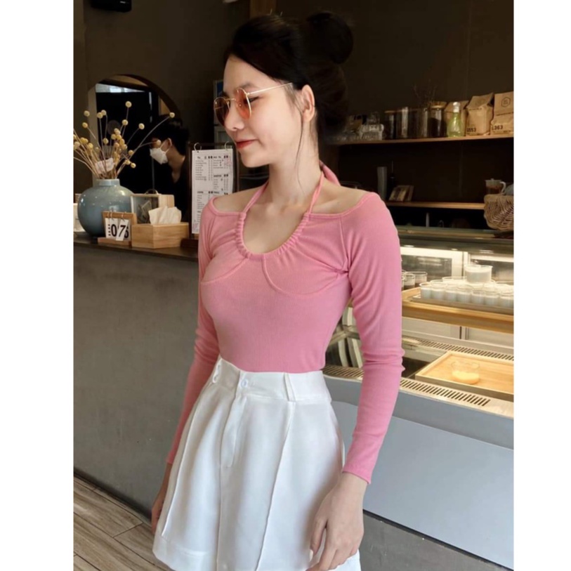 Áo trễ vai tay dài nữ kiểu dáng croptop ôm body khoe xương quai xanh chất thun gân co dãn - AO0151