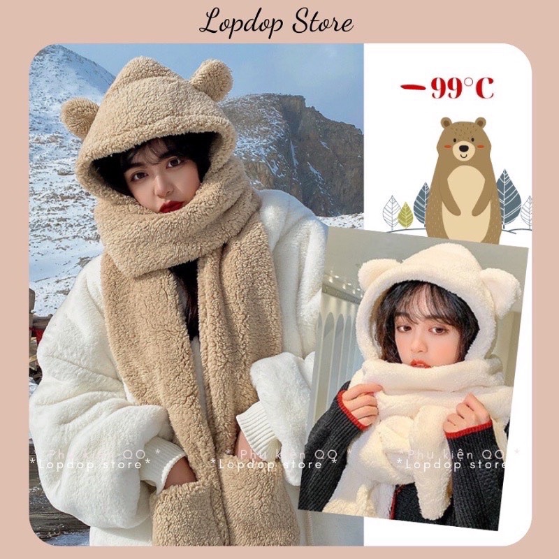set khăn - mũ - bao tay lông cừu 3in1