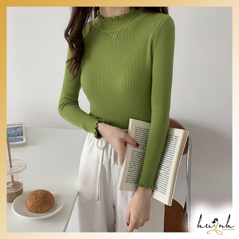 Áo len tăm cổ bèo dáng ôm, áo len body tôn dáng tay dài freesize - LEN04