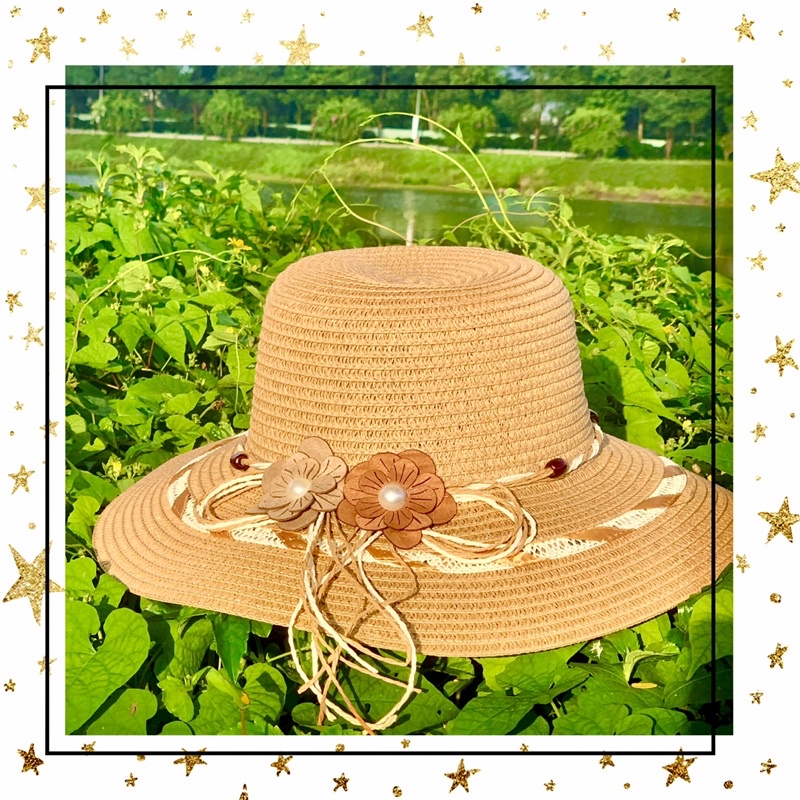 Mũ cói (nón cói) vành rộng thời trang đính hoa nhỏ xinh xắn (Sh33)