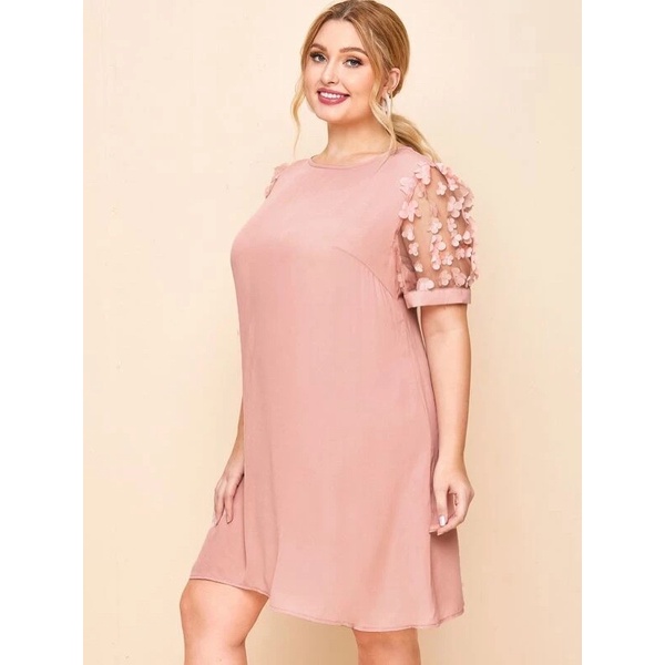 Đầm suông màu hồng tay voan hoa big size 75-115kg