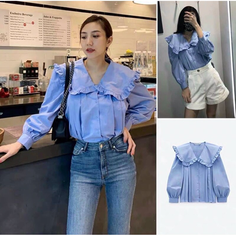 Áo sơmi xanh baby blue tay phồng cổ sen bèo xếp ly