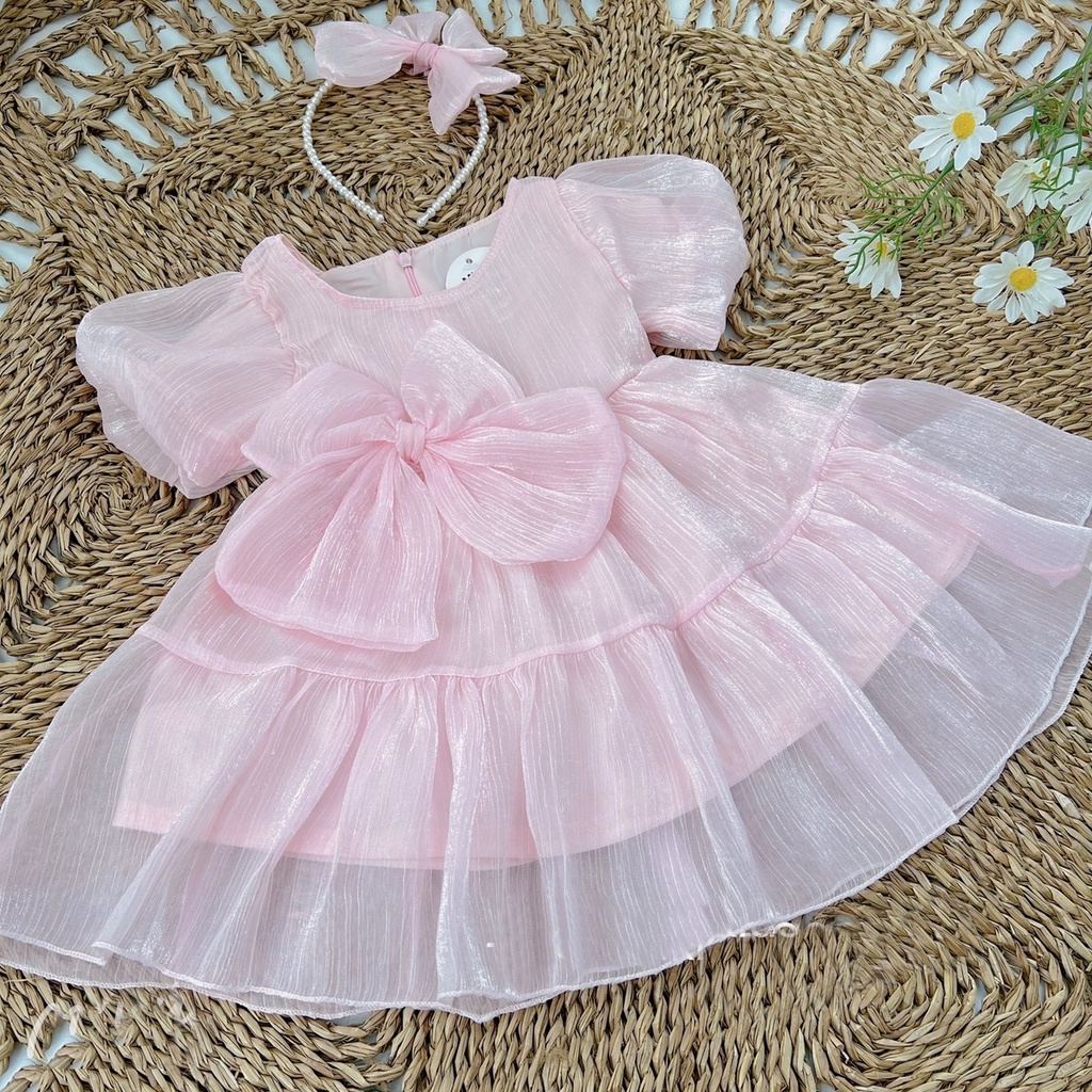 Váy Công Chúa Bé Gái Chuột Lắc Store Chất Tơ Xước Kèm Nơ Cài Đầu 10kg Đến 20kg Màu Hồng
