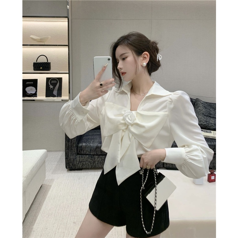 Áo Sơ Mi Trắng Dài Tay Thắt Nơ Phong Cách Pháp Mới