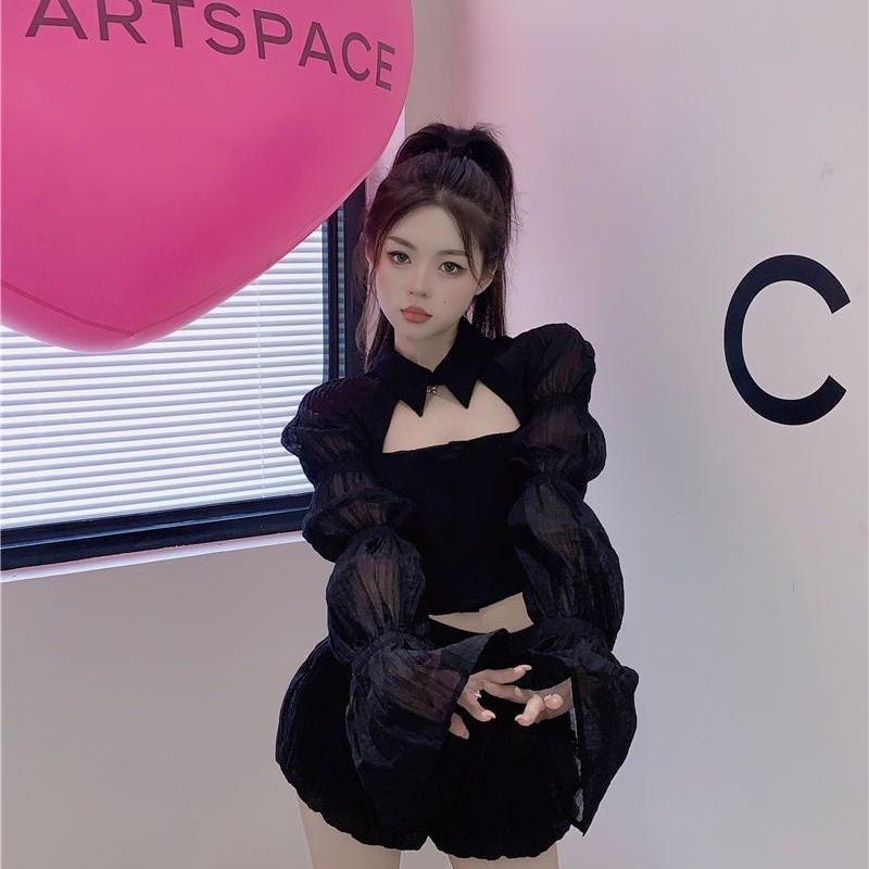 Áo Sơ Mi Dài Tay Ngắn Khoét Lỗ Áo Tay Phồng Mỏng Eo Y2k Cho Nữ