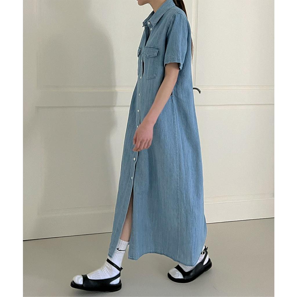 Đầm Denim Cổ polo Dáng Dài Ngắn Tay Thời Trang Sành Điệu 60655