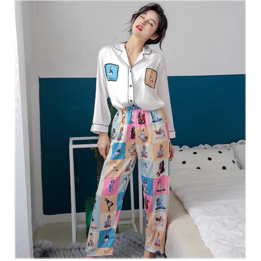 Bộ ngủ lụa Pijama dài tay hoạ tiết cô gái hàng cao cấp